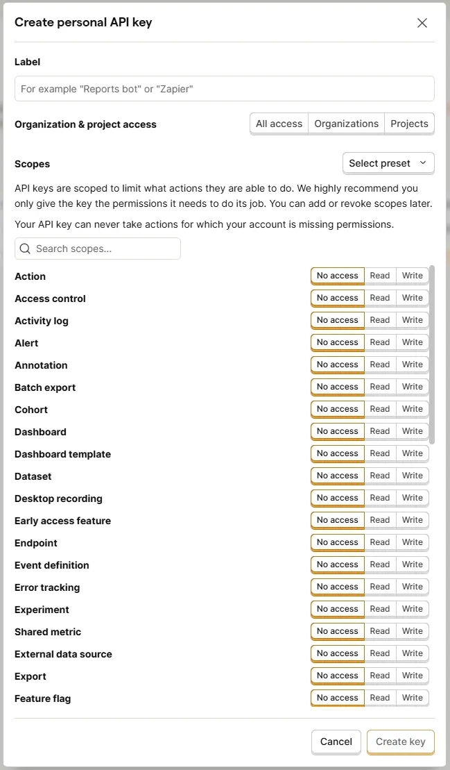 PostHog personal API key creation dialog with scopes